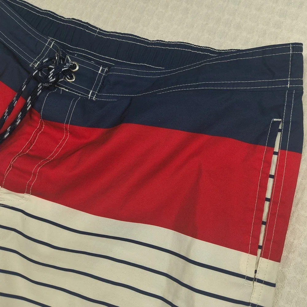 Lands End Mens XL Swim Trunks Board Shorts Red Blue White Striped Colorblock